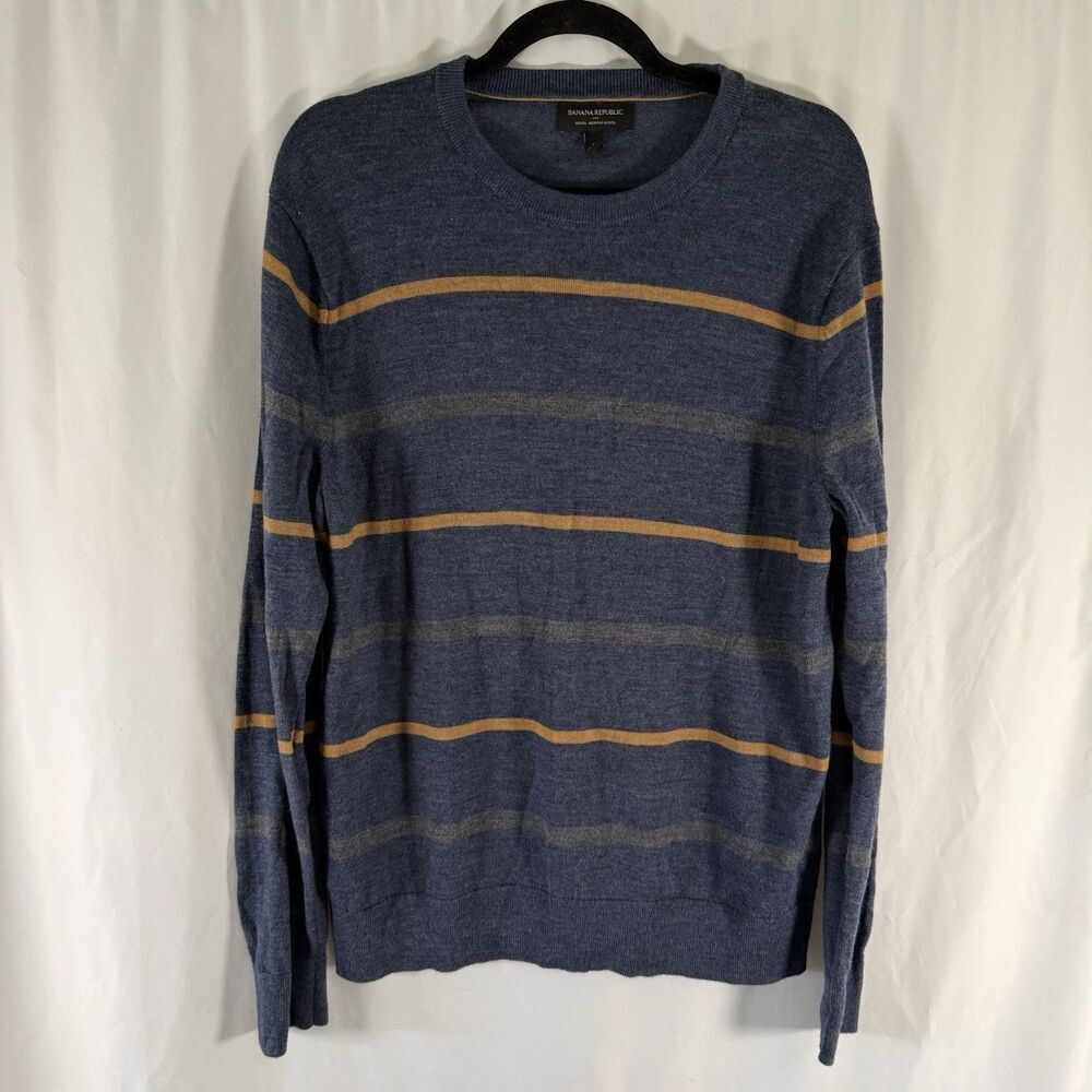 Banana Republic 100% Merino Wool Sweater Men's Large Blue Striped Knit Long Slv